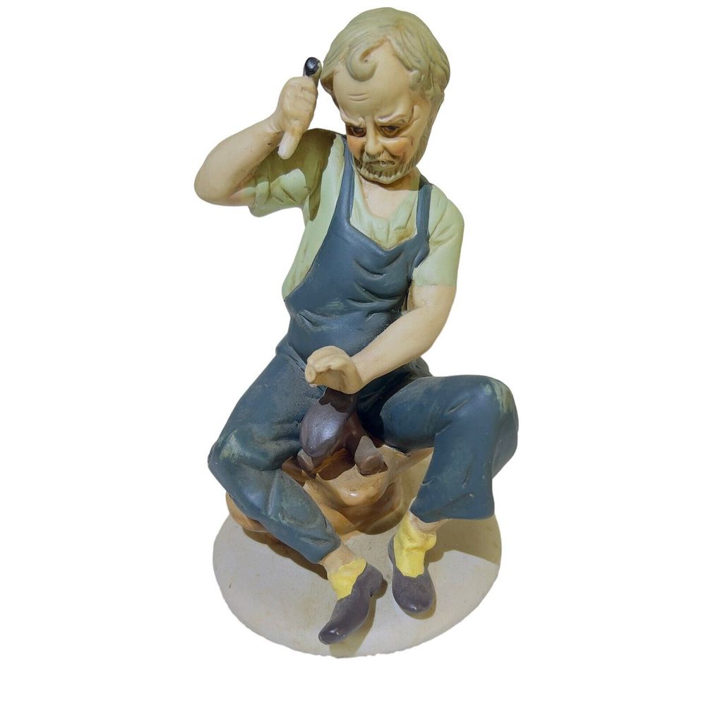 Bisque Ceramic Vintage 7” Older Man Cobbler Working Boot Shoe Figurine Hammer